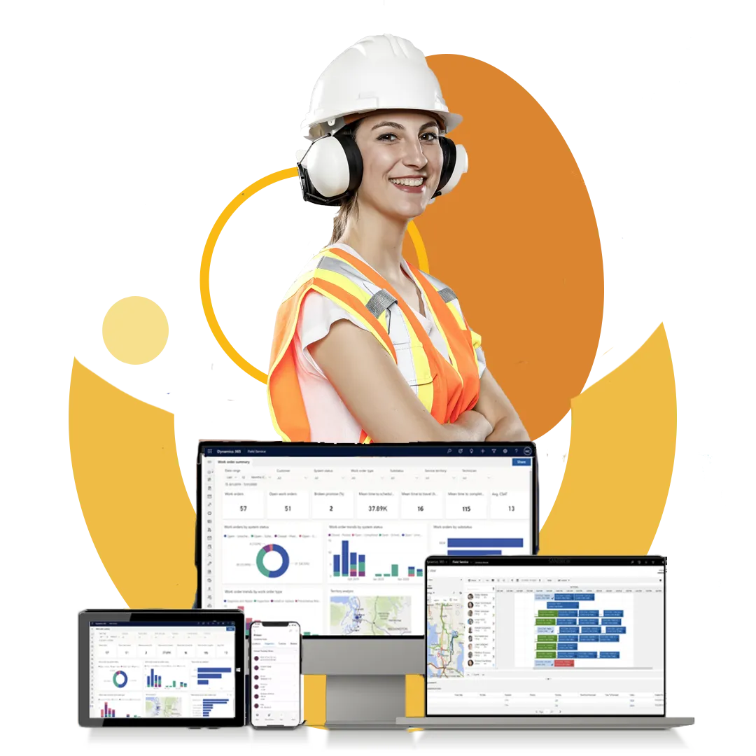 Interfaz de Microsoft Dynamics 365 Field Service mostrando herramientas de programación y gestión en campo.