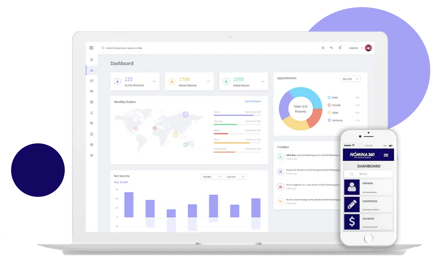 Interfaz de Nómina 360 para gestionar el talento humano y automatizar procesos de pago y nómina.